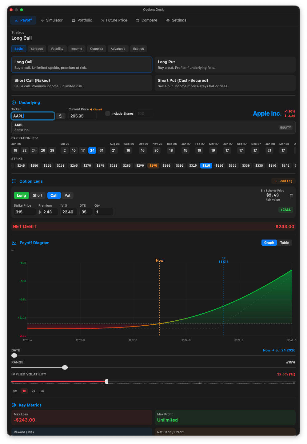 OptionsDesk Payoff screen