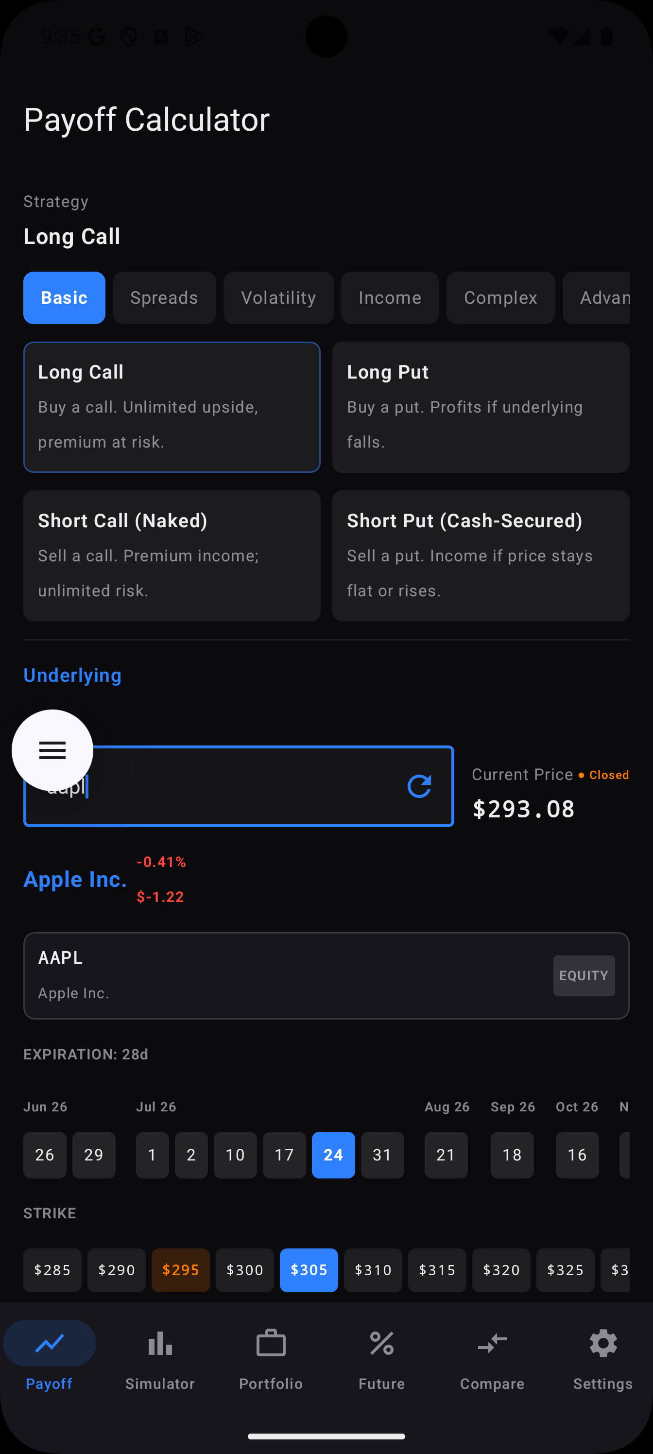 OptionsDesk Android — Payoff